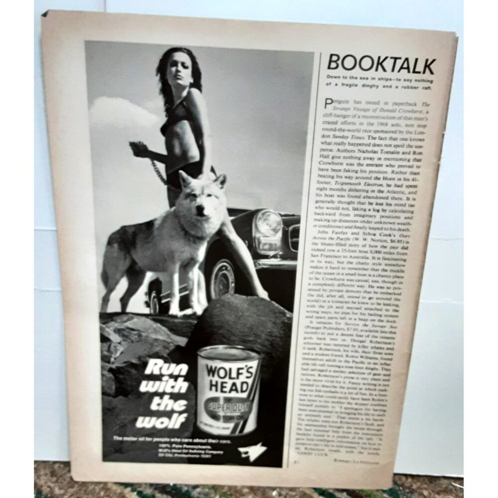Vintage 1973 Wolf’s Head Oil Ad Sexy Model Wolf Can Automotive Promo